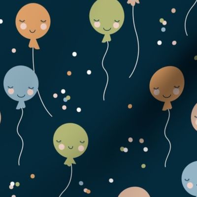 Cute Kawaii birthday party balloons - adorable smiley face celebration kids blue green orange neutral palette on navy blue 