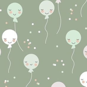 Cute Kawaii birthday party balloons - adorable smiley face celebration kids soft mint on sage green 