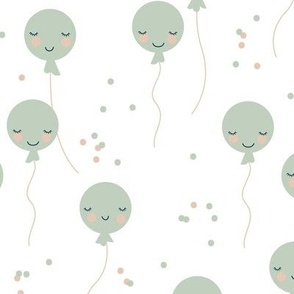 Cute Kawaii birthday party balloons - adorable smiley face celebration kids sage green on white 