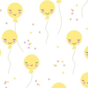 Cute Kawaii birthday party balloons - adorable smiley face celebration kids bright sunshine yellow on white 