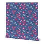 Bold Summer Garden Pink Ditzy Flowers with Blue Background