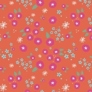 Bold Summer Garden Ditzy Pink Flowers with Orange Background