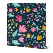 Happiest Summer Pink and Yellow Florals with Navy Background