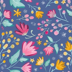 Happy Summer Blue Violet with Pink and Yellow Florals