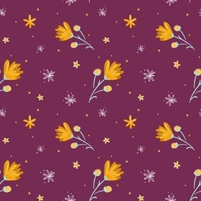 Yellow Flowers on Maroon Background - Happy Summer by Makewells