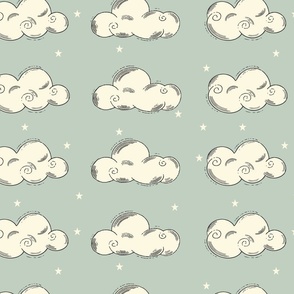 Mint sky with stars and clouds