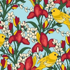Birds and flowers. Yellow and blue