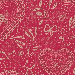 Valentine Floral Block Print - Pale Khaki on Viva Magenta  (Large)