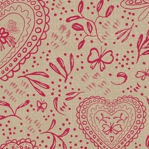 Valentine Floral Block Print - Viva Magenta on Pale Khaki (Large)