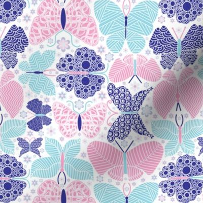 (Medium) Hand drawn whimsical geometric playful Butterfly pink navy blue