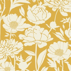 Peonies silhouette floral -  White peony flowers on a mustard yellow background - large