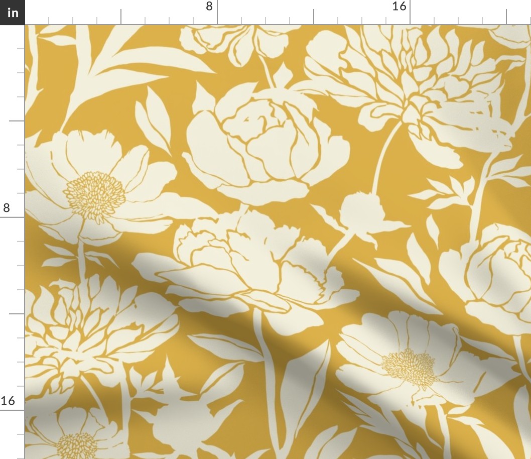 Peonies silhouette floral -  White peony flowers on a mustard yellow background - large
