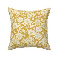 Peonies silhouette floral -  White peony flowers on a mustard yellow background - medium