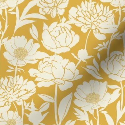 Peonies silhouette floral -  White peony flowers on a mustard yellow background - medium