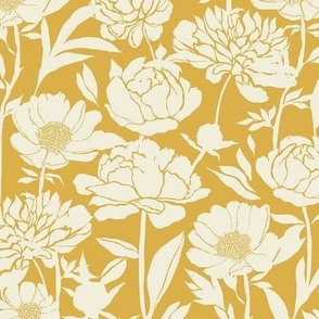 Peonies silhouette floral -  White peony flowers on a mustard yellow background - medium