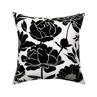 Peonies silhouette floral - Black peony flowers on a white background - large