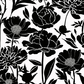 Peonies silhouette floral - Black peony flowers on a white background - large