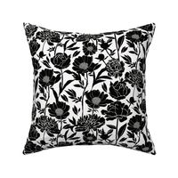 Peonies silhouette floral - Black peony flowers on a white background - medium