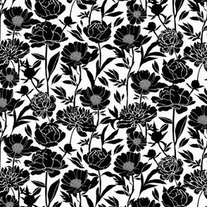 Peonies silhouette floral - Black peony flowers on a white background - small