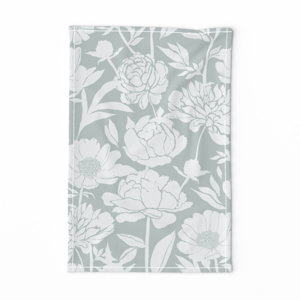 Peonies silhouette floral - White peony flowers on a soft greenish gray  background - large