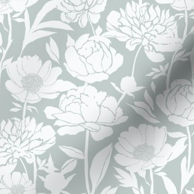 Peonies silhouette floral - White peony flowers on a soft greenish gray  background - medium