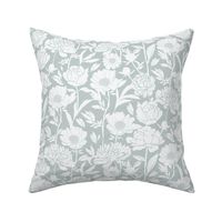 Peonies silhouette floral - White peony flowers on a soft greenish gray  background - medium