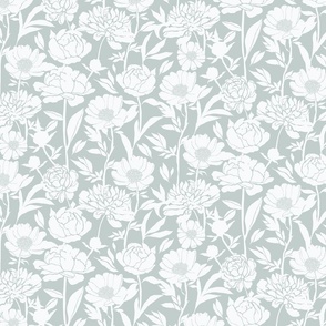 Peonies silhouette floral - White peony flowers on a soft greenish gray  background - medium