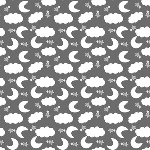 Baby Nursey Moon, Clouds and Stars on Grey Repeat Pattern