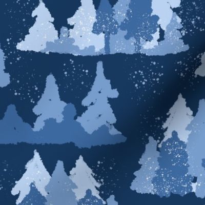 Blue Winter Forest with Pine Trees Pattern on Dark Background