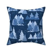 Blue Winter Forest with Pine Trees Pattern on Dark Background