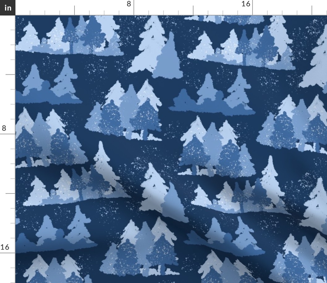 Blue Winter Forest with Pine Trees Pattern on Dark Background