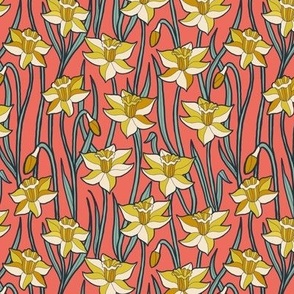 Stained Glass Daffodils on Coral