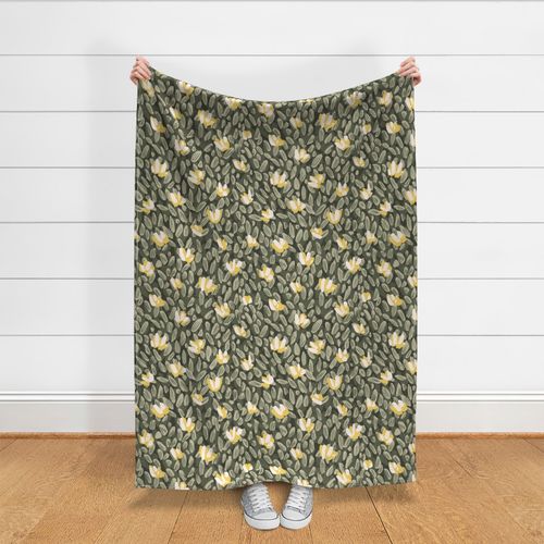 Abstract dense flower garden pattern - olive, pastel green, yellow and black // Big scale