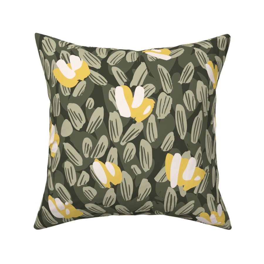 Abstract dense flower garden pattern - olive, pastel green, yellow and black // Big scale