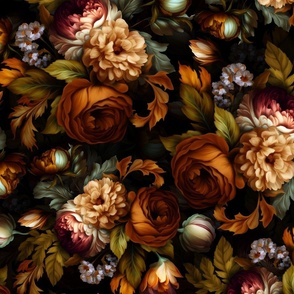 Baroque bold moody floral flower garden with english roses, bold peonies, lush antiqued flemish  flowers