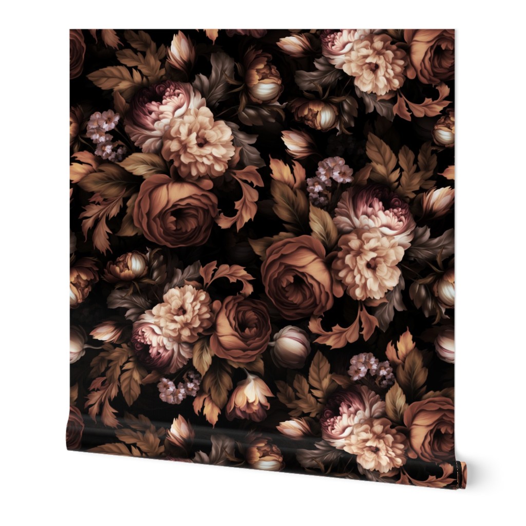 Baroque bold moody floral flower garden with english roses, bold peonies, lush antiqued flemish flowers