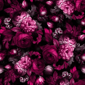 Burgundy  Baroque bold moody floral flower garden with english roses, bold peonies, lush antiqued flowers PANTONE VIVA MAGENTA 