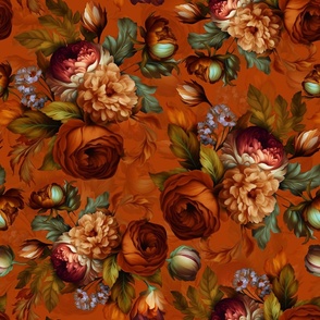 Baroque bold moody floral flower garden with english roses, bold peonies, lush antiqued flemish flowers copper