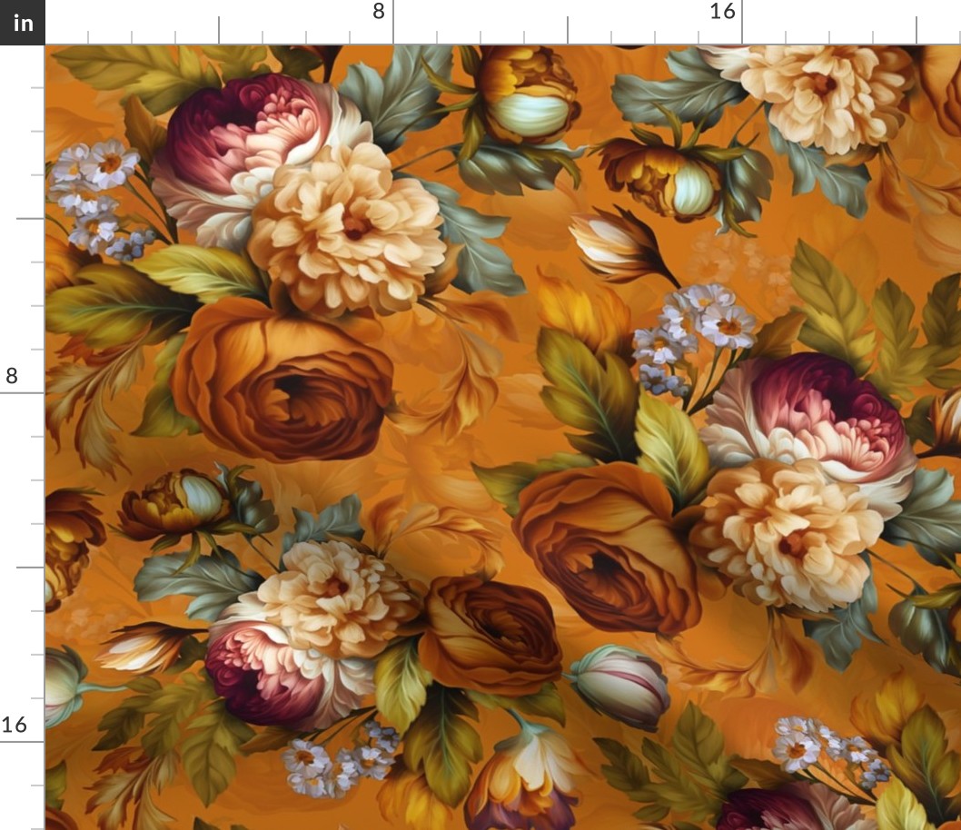 Baroque bold moody floral flower garden with english roses, bold peach fuzz pantone peonies, lush antiqued flemish flowers late sun
