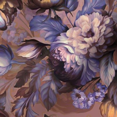 Baroque bold moody floral flower garden with english roses, bold peonies, lush antiqued flemish flowers purple afteroon