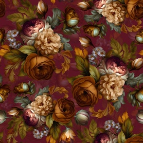 Baroque bold moody floral flower garden with english roses, bold peonies, lush antiqued flemish flowers early evening