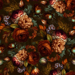 Baroque bold moody floral flower garden with english roses, bold peonies, lush antiqued flemish flowers mystic night