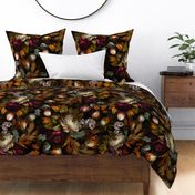 Baroque bold moody floral flower garden with english roses, bold peonies, lush antiqued flemish flowers dark night
