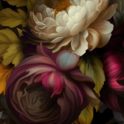 Baroque bold moody floral flower garden with english roses, bold peonies, lush antiqued flemish flowers dark night