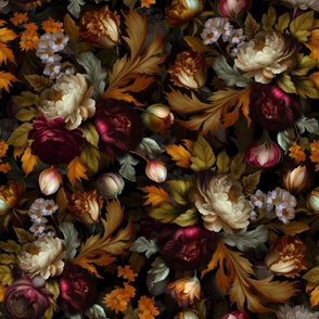 Baroque bold moody floral flower garden with english roses, bold peonies, lush antiqued flemish flowers dark night