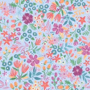 Colorful Hand Drawn Florals with Light Blue Background