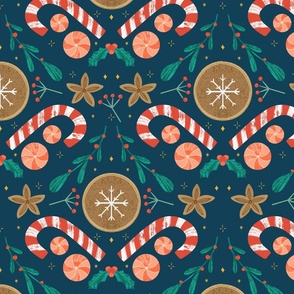 Joyful Confectionery: Whimsical Patterns of Festive Treats on navy background