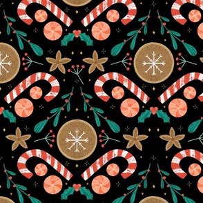 Whimsical Candyland: Playful Patterns of Holiday Sweets on dark backgound