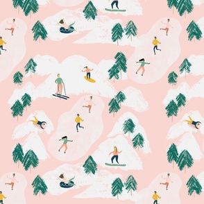 Winter Wonderland Adventures: Whimsical Fun in Soft Hues pink background
