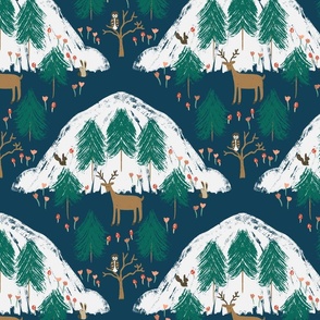 Snow-kissed Woodland Wonders: Delicate Flora and Fauna in a Winter Tapestry in dark blue background